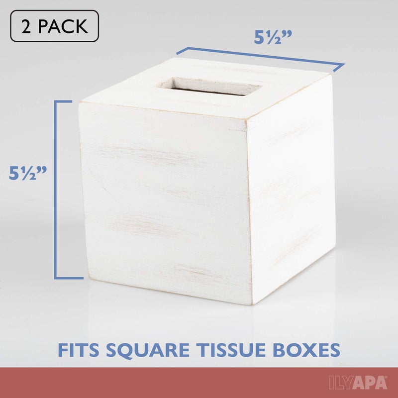 Ilyapa Wood Tissue Box Cover Square, 2 Pack - Rustic Farmhouse White Wooden Tissue Holder - Image 2